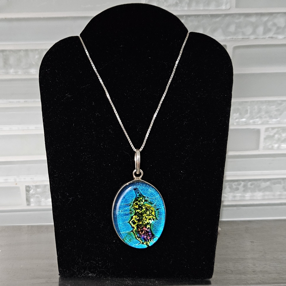 Blue Dichroic Glass Pendant with Sterling Silver Box Chain Necklace - Picture 3 of 4